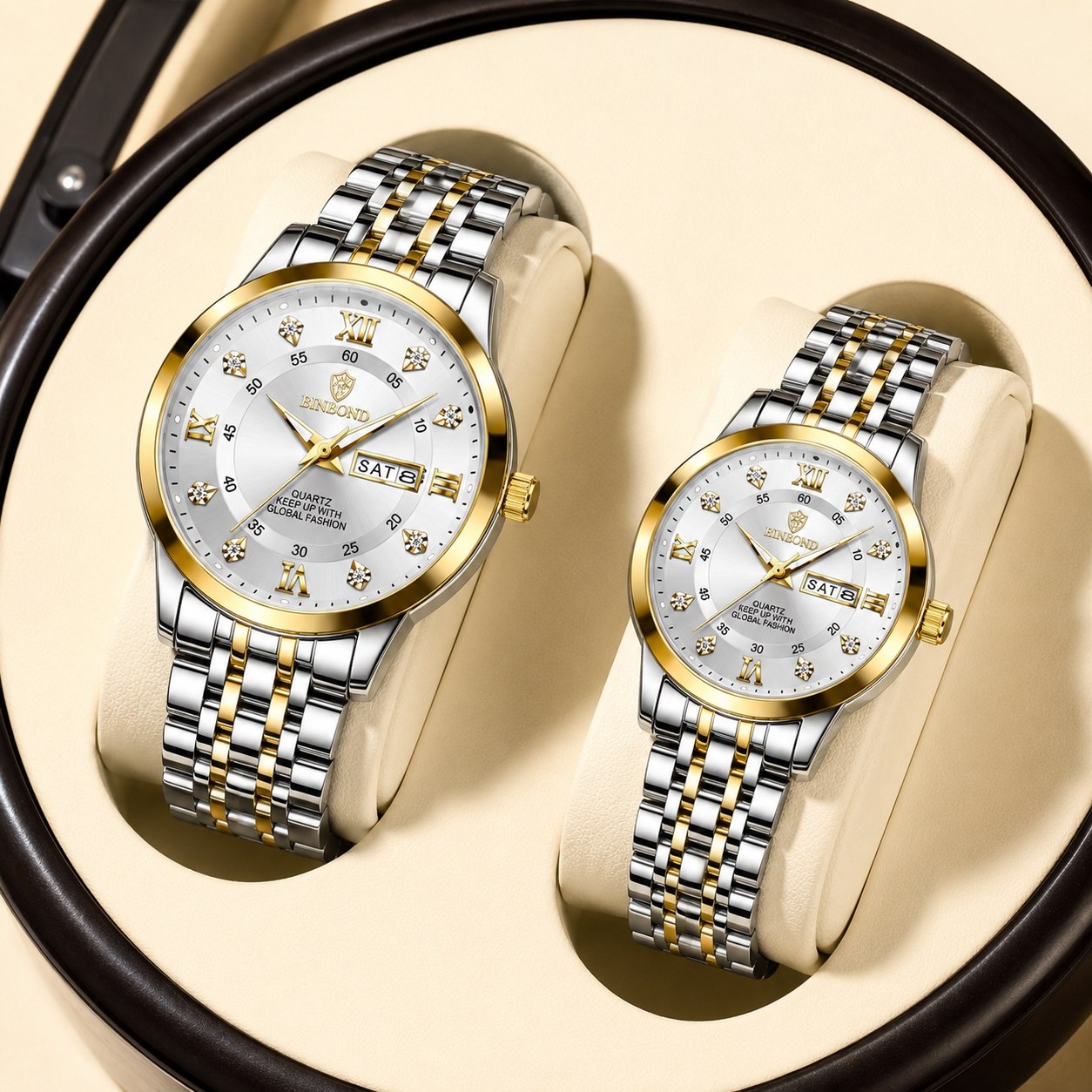☑️BIN BOND  Couple watch👩‍❤️‍💋‍👨   《highe quality》        watch               ⌚️بین باند مدلی نو  مقاوم دربرابر آب برندشرکتی دارای روز شمار  ایام هفته  بند استیل فولاد شیشه سافایر  شب نما قفل دو پروانه  موتور کوارتز