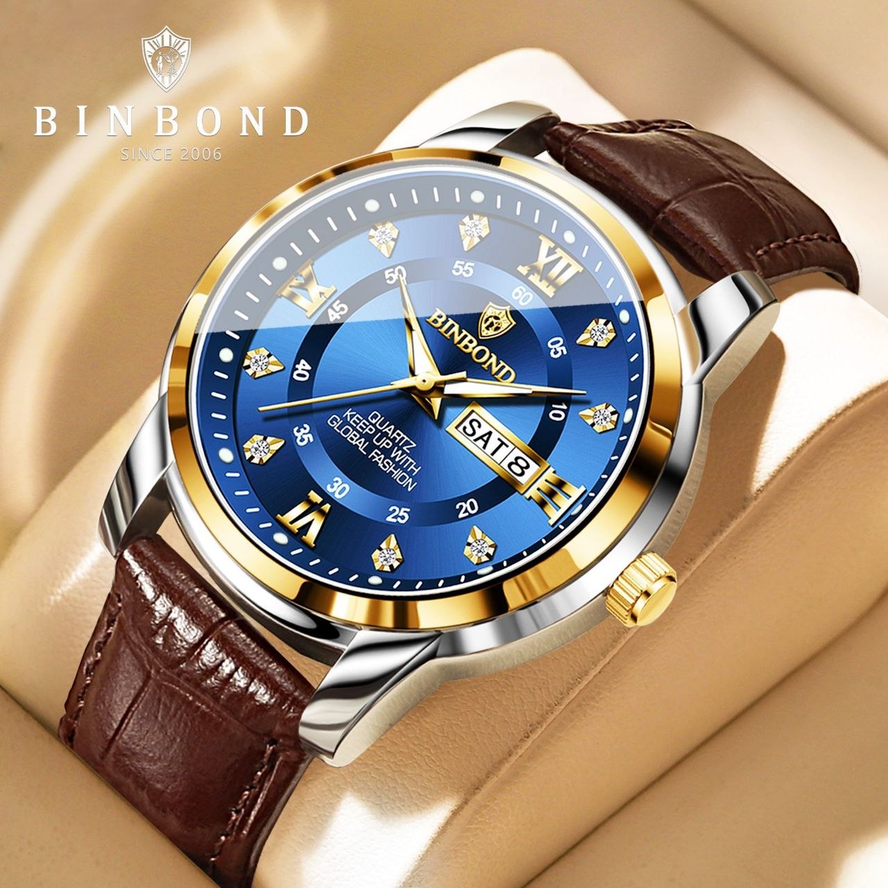 ☑️BIN BOND  Original watch 🫆  《highe quality》                       ⌚️بین باند مدلی نو🫶  مقاوم دربرابر آب🏊‍♂💦   رفرانس ۷۰۴۵ بندچرمی دارای روز شمار  ایام هفته  صفحه الماسی   شب نما قفل کمربندی  شیشه سافایر