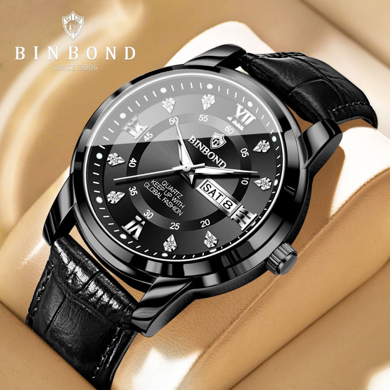 ☑️BIN BOND  Original watch 🫆  《highe quality》                       ⌚️بین باند مدلی نو🫶  مقاوم دربرابر آب🏊‍♂💦   رفرانس ۷۰۴۵ بندچرمی دارای روز شمار  ایام هفته  صفحه الماسی   شب نما قفل کمربندی  شیشه سافایر