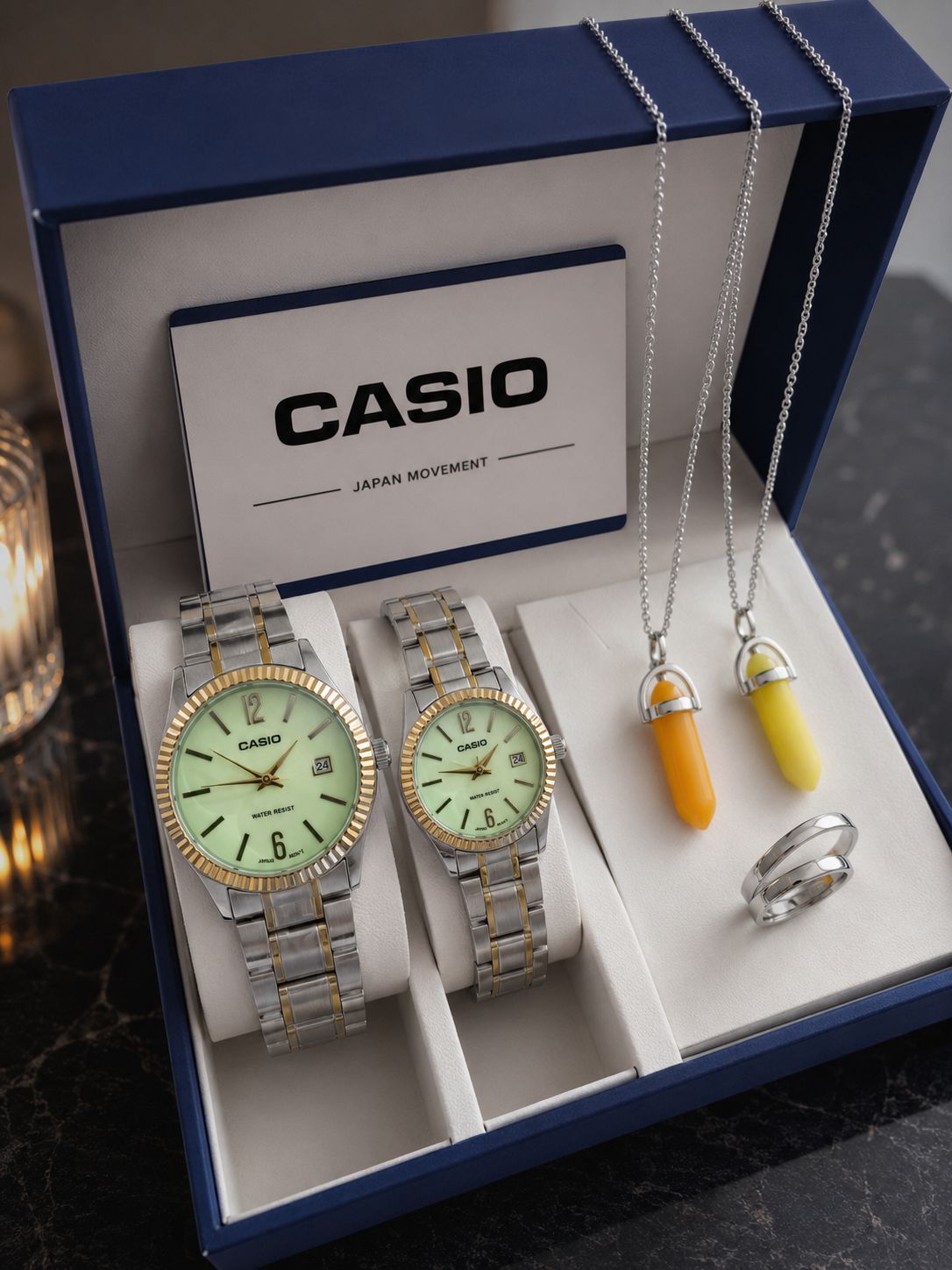 🌈ست مردانه و زنانه ساعت برند کاسیو کلاسیک ☑️CASIO set  ✅قفل کلیپسی ✅کیفیت سفارشی  ✅دارای روز شمار  ❌صفحه کاملا شب نما