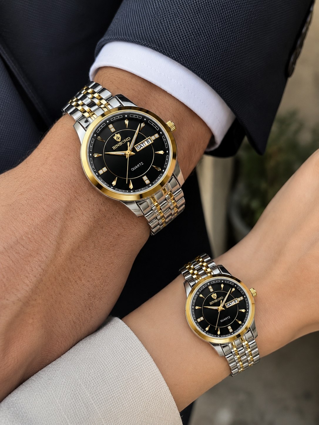 ☑️BIN BOND  Couple watch👩‍❤️‍💋‍👨  《highe quality》       🫆 watch               ⌚️بین باند مدلی نو  مقاوم دربرابر آب در حد شستن دست برندشرکتی  دارای روز شمار  ایام هفته  بند استیل فولاد شیشه سافایر  شب نما قفل دو پروانه  موتور کوارتز