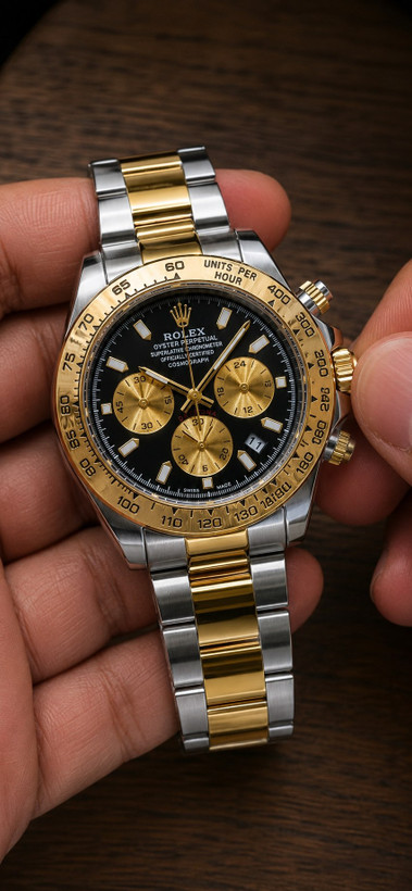 ROLEX Cosmogrqph Daytona ✨✨⌚️شکوه طلا روی مچ شما... 🔻مردونه رولکس دیتونا کرنوگراف قفل رولکسی( دو قفل ) بنداستیل دارای روزشمار شيشه کریستال بزل چرخان